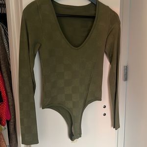 Green spandex, bodysuit V-neck